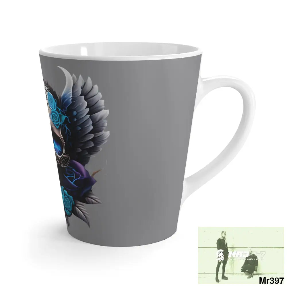 Gothic Skull with Black wings and Blue Roses Latte Mug 12oz Mug