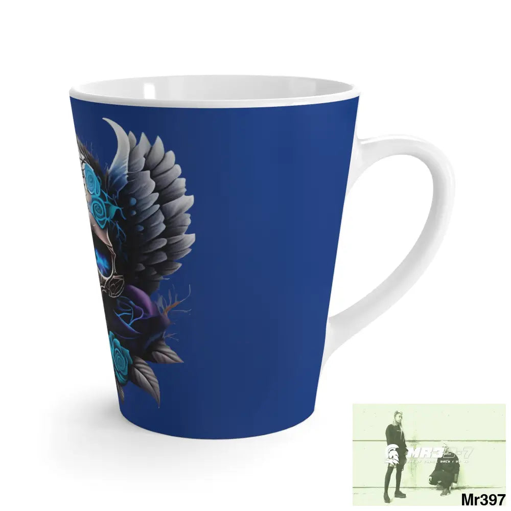 Gothic Skull with Black wings and Blue Roses Latte Mug 12oz Mug