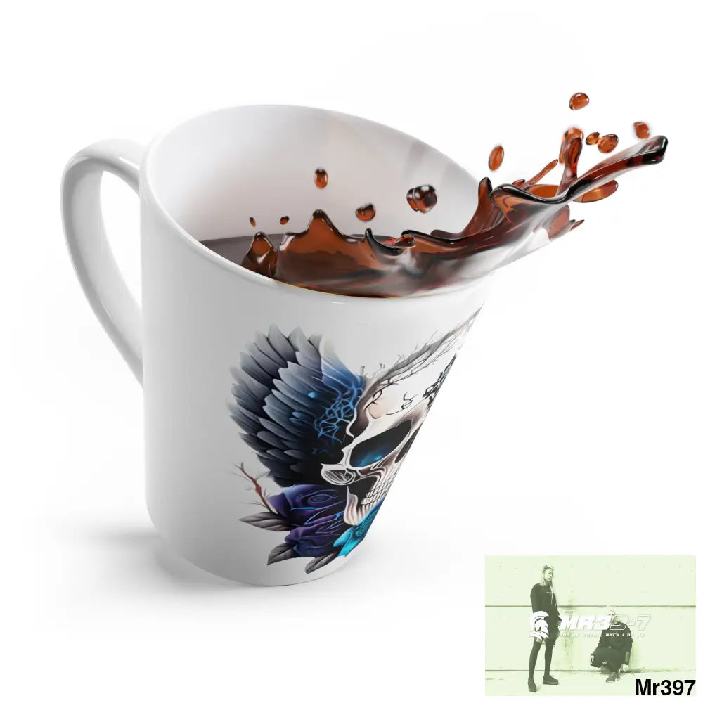 Gothic Skull with Black wings and Blue Roses Latte Mug 12oz Mug