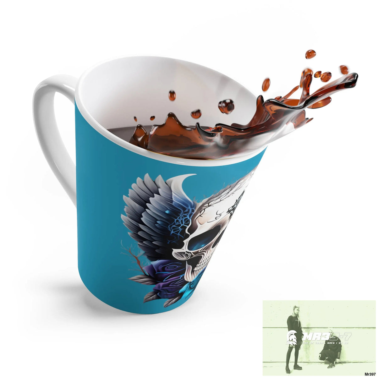 Gothic Skull with Black wings and Blue Roses Latte Mug 12oz Mug