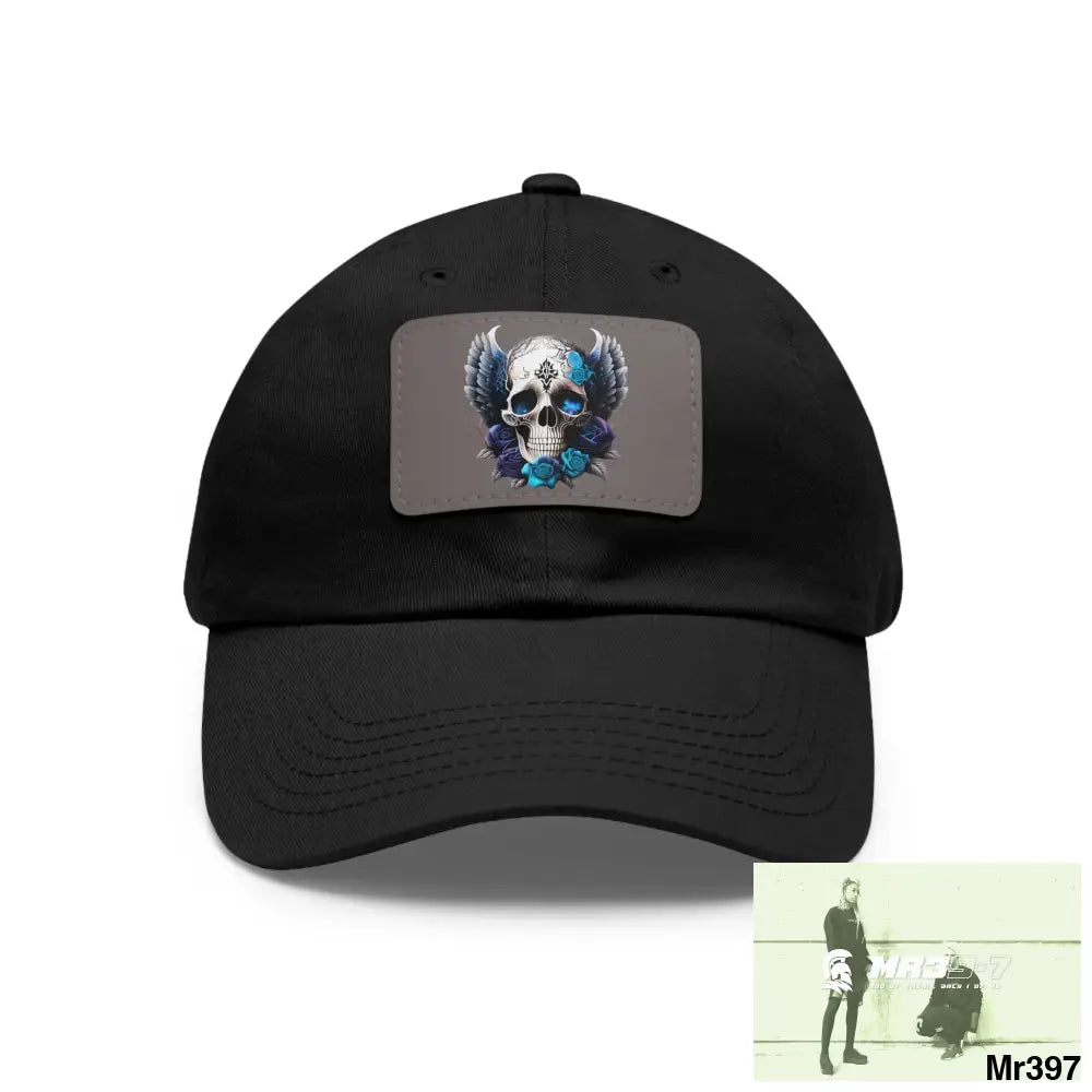Gothic Skull with wings and Blue Roses Dad Hat with Leather Patch (Rectangle) Black / Grey patch / Rectangle / One size