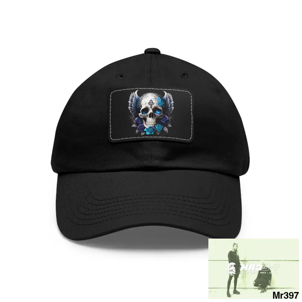Gothic Skull with wings and Blue Roses Dad Hat with Leather Patch (Rectangle) Black / Black patch / Rectangle / One