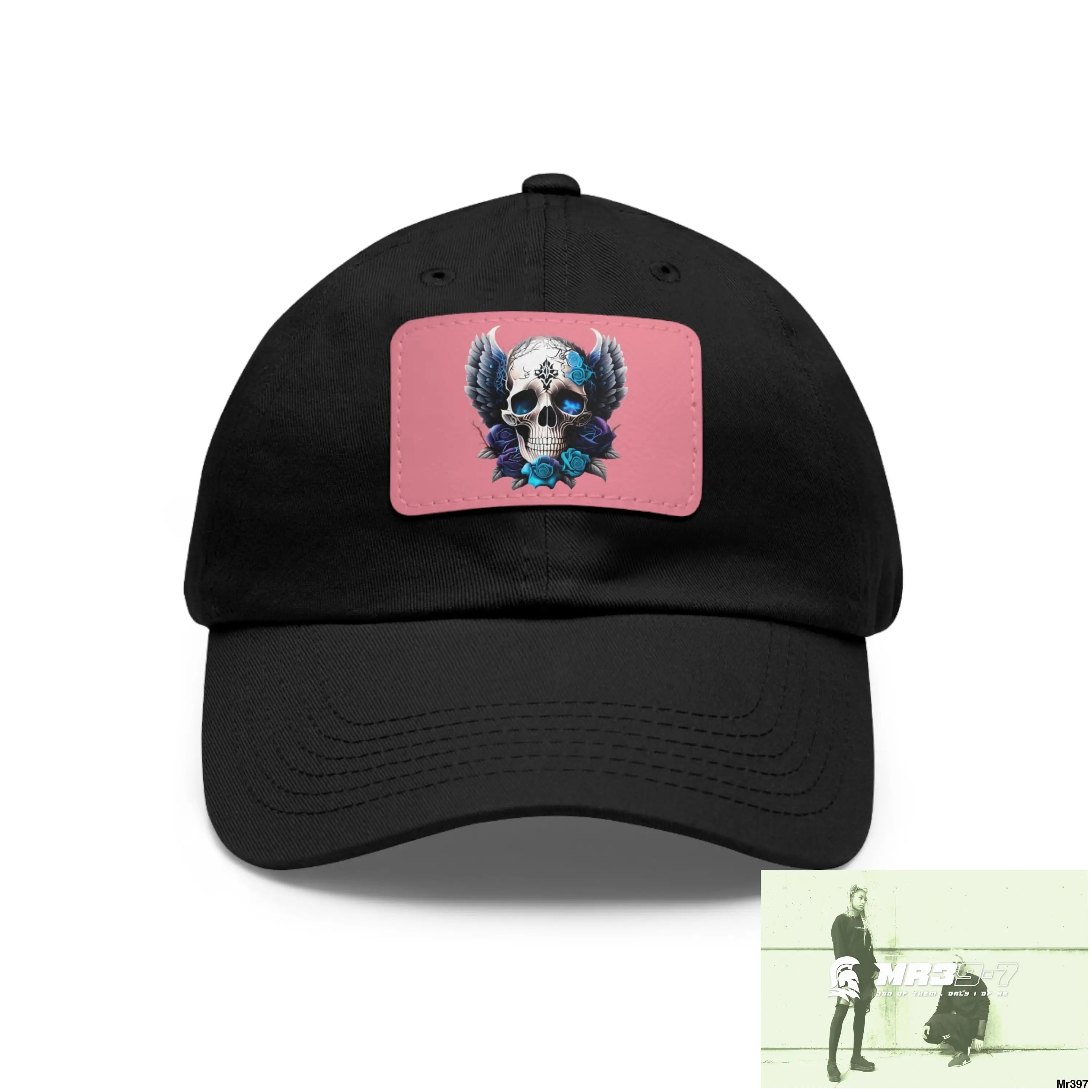 Gothic Skull with wings and Blue Roses Dad Hat with Leather Patch (Rectangle) Black / Pink patch / Rectangle / One size