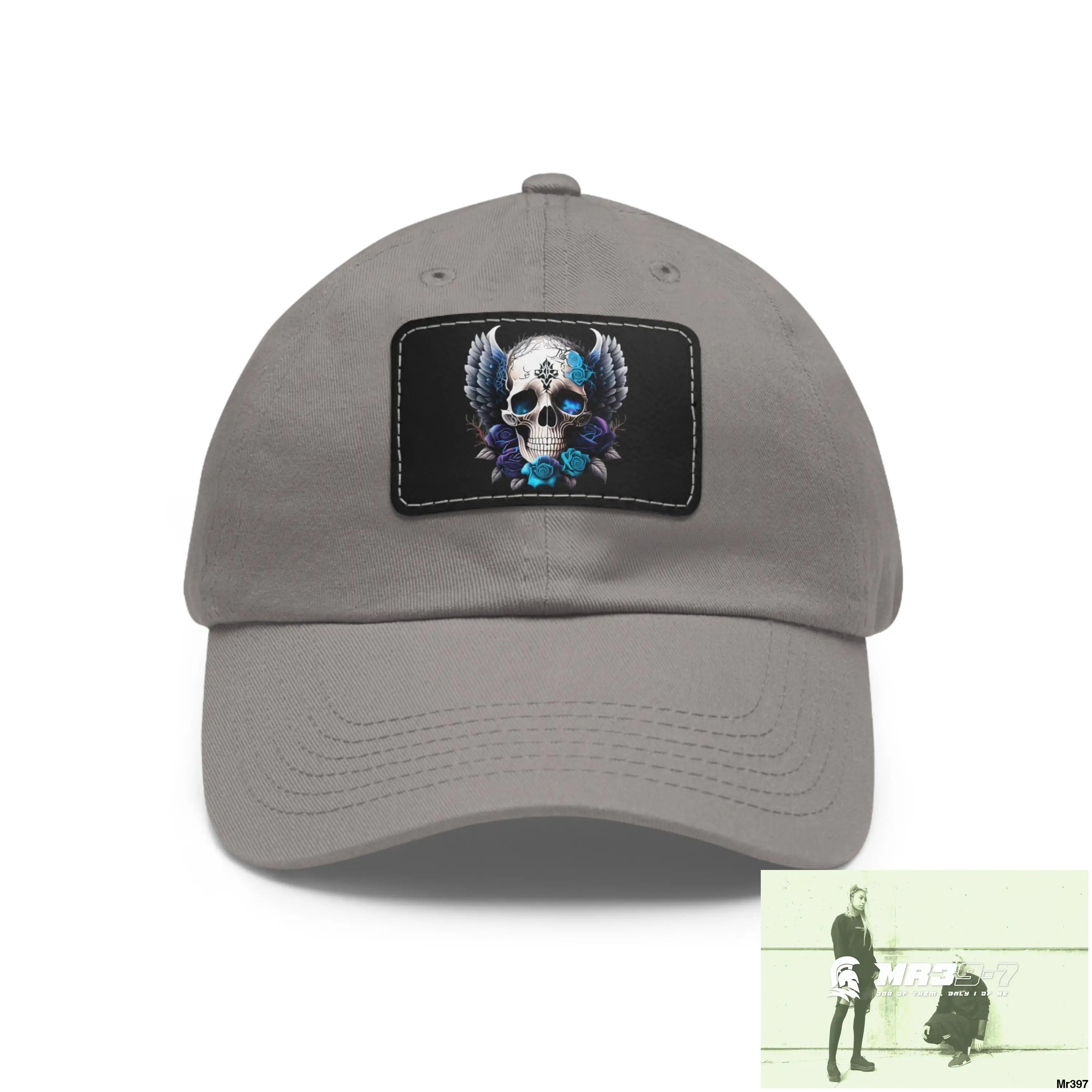 Gothic Skull with wings and Blue Roses Dad Hat with Leather Patch (Rectangle) Grey / Black patch / Rectangle / One size
