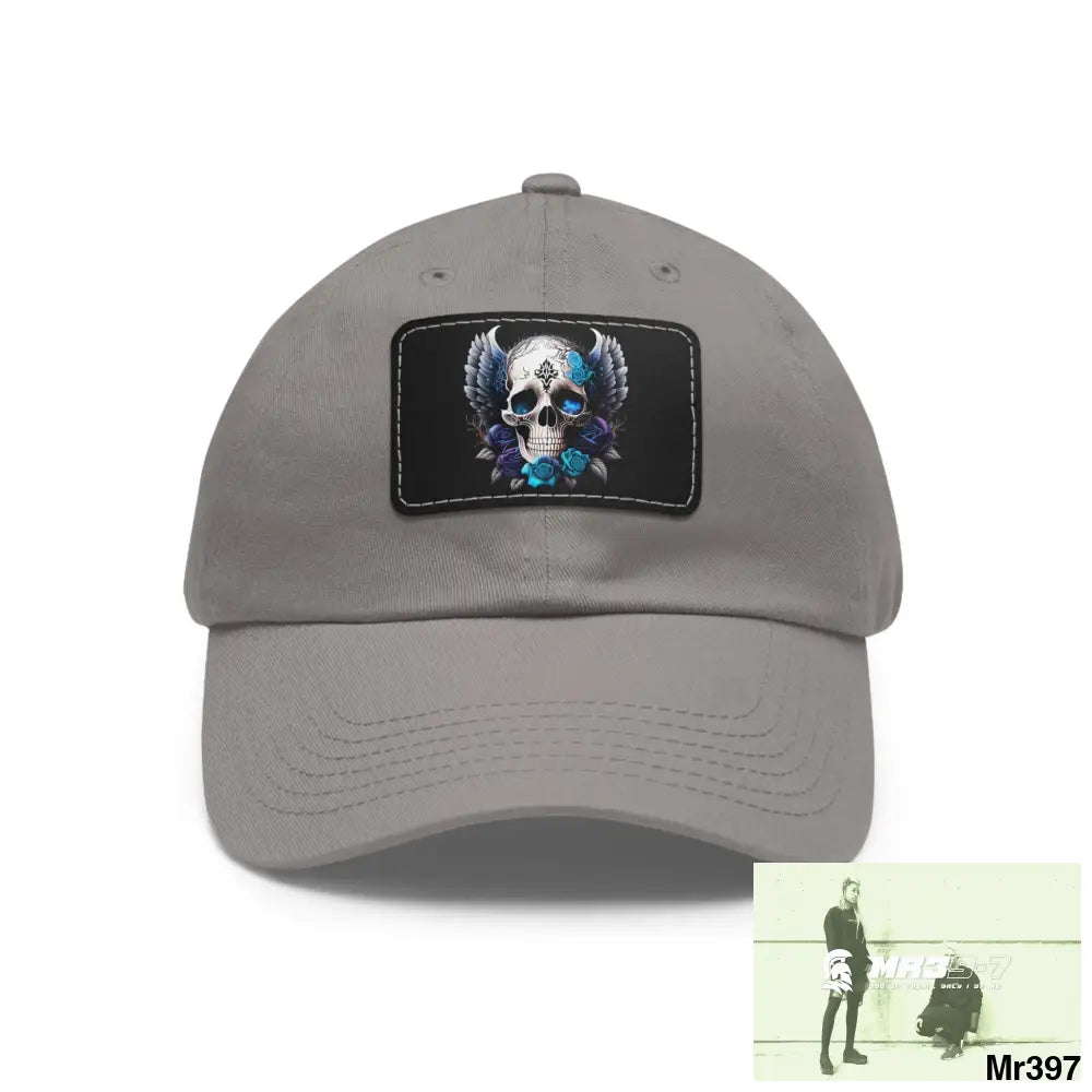 Gothic Skull with wings and Blue Roses Dad Hat with Leather Patch (Rectangle) Grey / Black patch / Rectangle / One size
