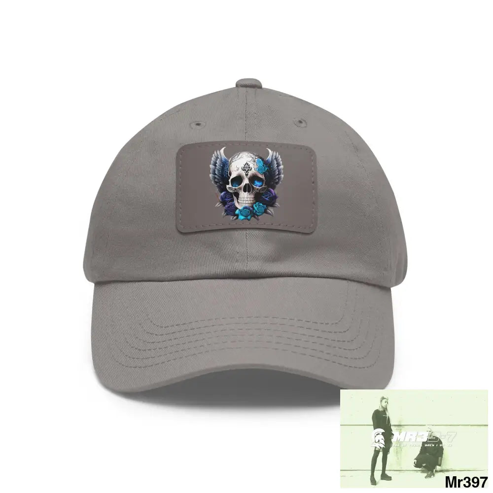 Gothic Skull with wings and Blue Roses Dad Hat with Leather Patch (Rectangle) Grey / Grey patch / Rectangle / One size