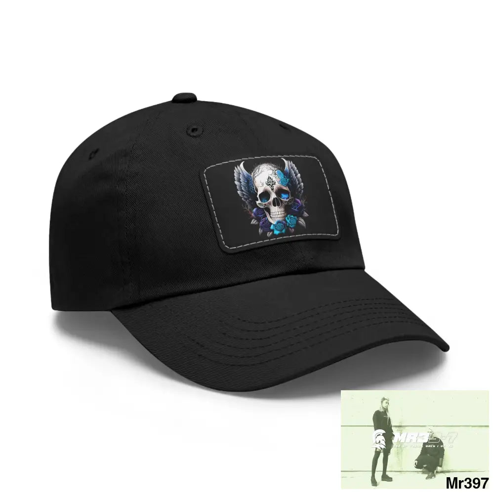Gothic Skull with wings and Blue Roses Dad Hat with Leather Patch (Rectangle) Hats