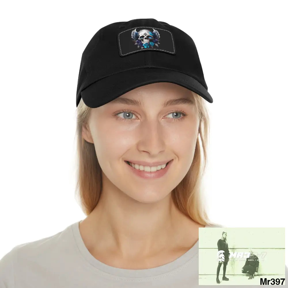 Gothic Skull with wings and Blue Roses Dad Hat with Leather Patch (Rectangle) Hats