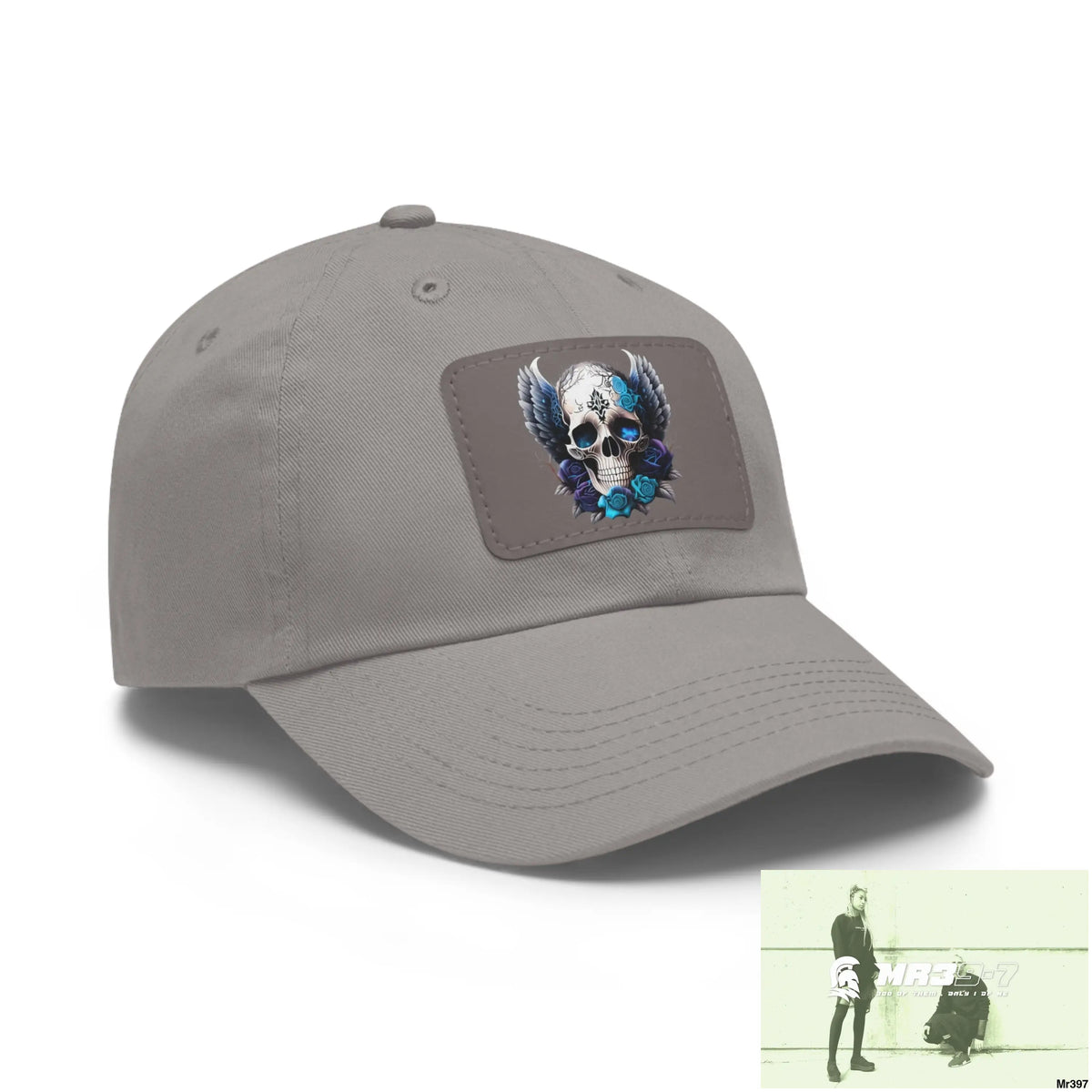 Gothic Skull with wings and Blue Roses Dad Hat with Leather Patch (Rectangle) Hats