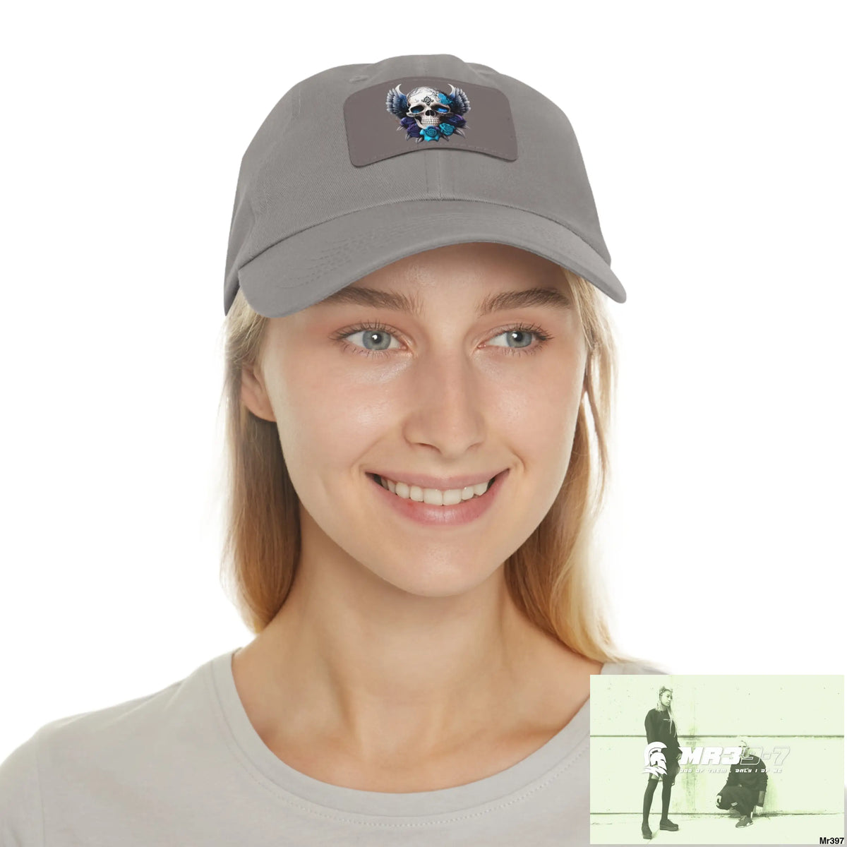 Gothic Skull with wings and Blue Roses Dad Hat with Leather Patch (Rectangle) Hats