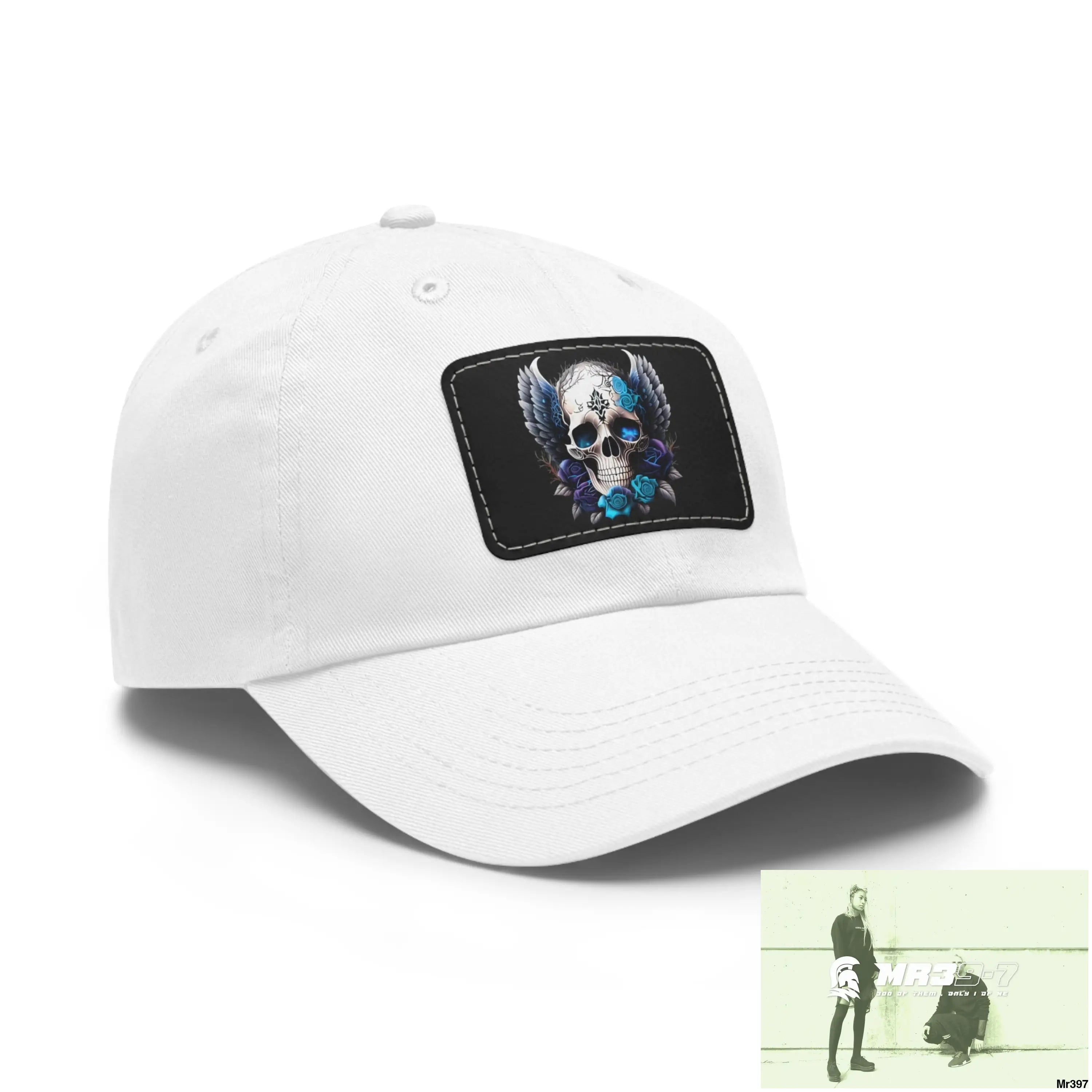 Gothic Skull with wings and Blue Roses Dad Hat with Leather Patch (Rectangle) Hats
