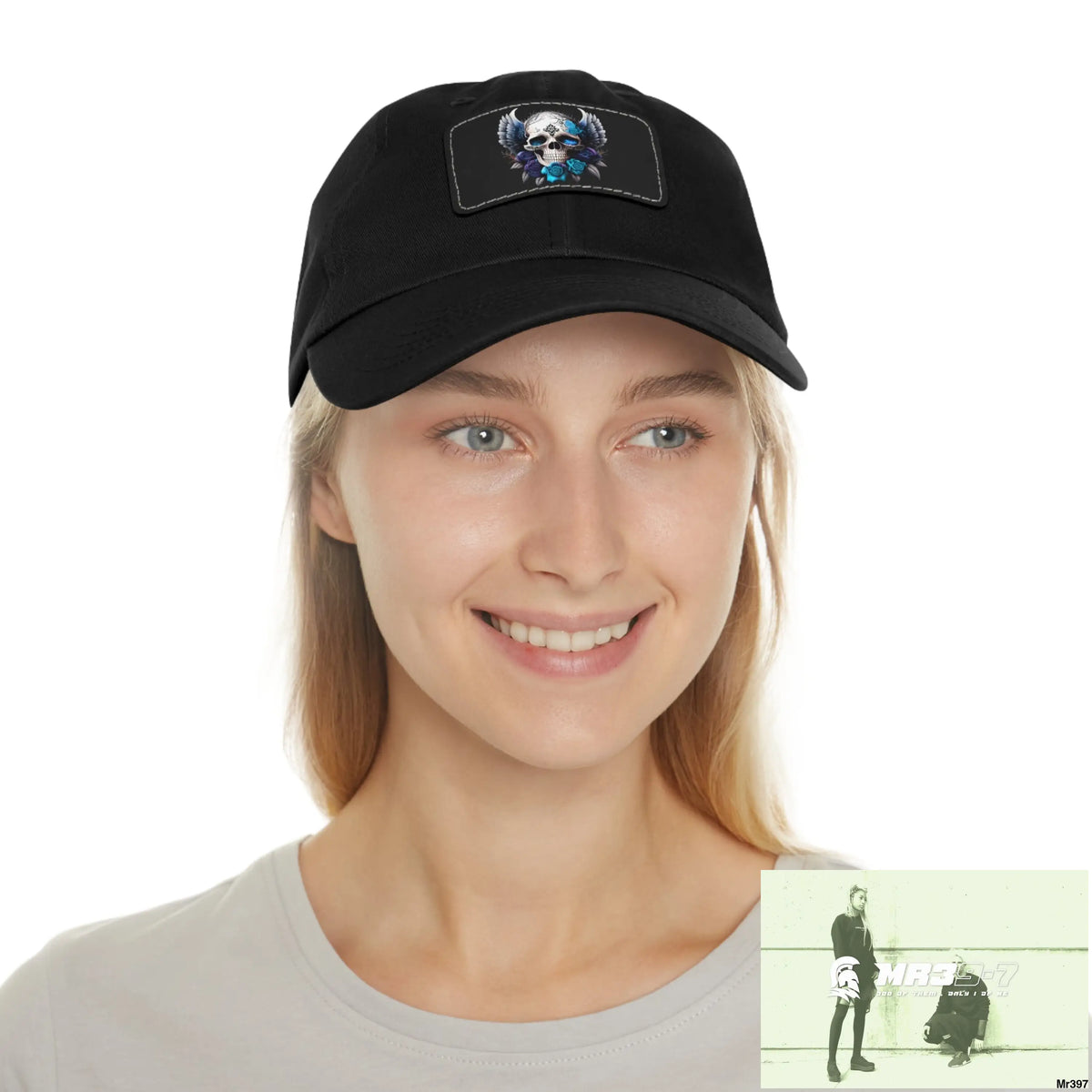 Gothic Skull with wings and Blue Roses Dad Hat with Leather Patch (Rectangle) Hats