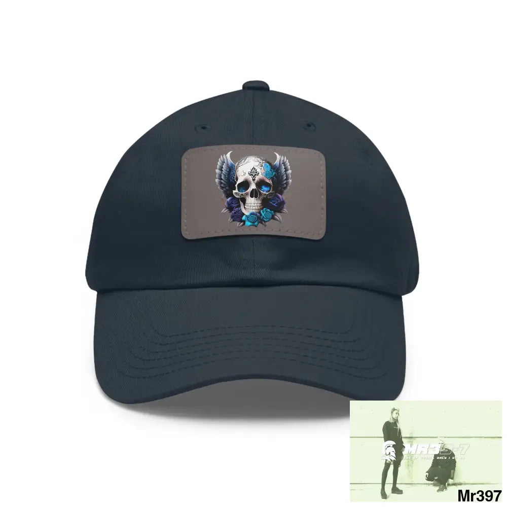 Gothic Skull with wings and Blue Roses Dad Hat with Leather Patch (Rectangle) Navy / Grey patch / Rectangle / One size