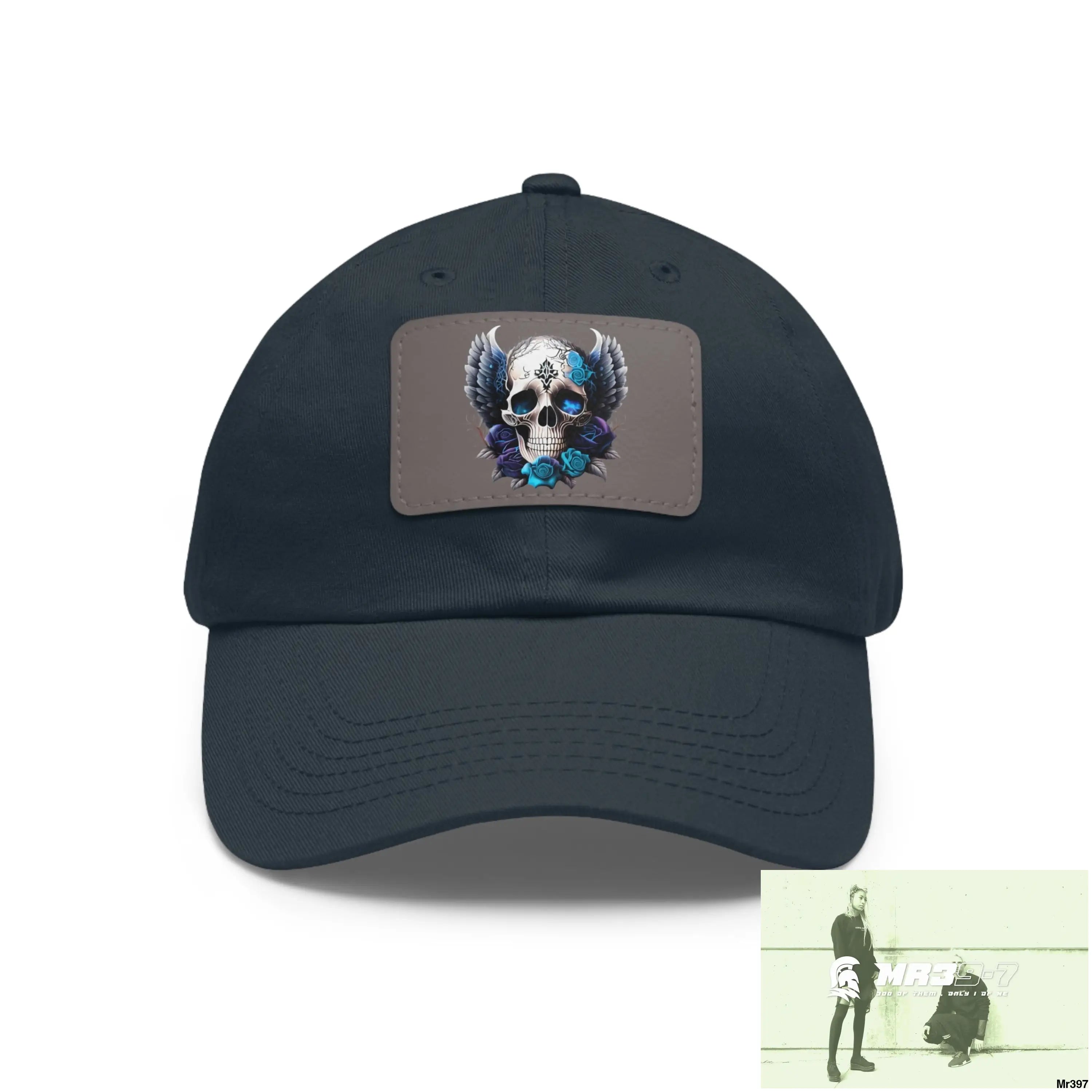 Gothic Skull with wings and Blue Roses Dad Hat with Leather Patch (Rectangle) Navy / Grey patch / Rectangle / One size