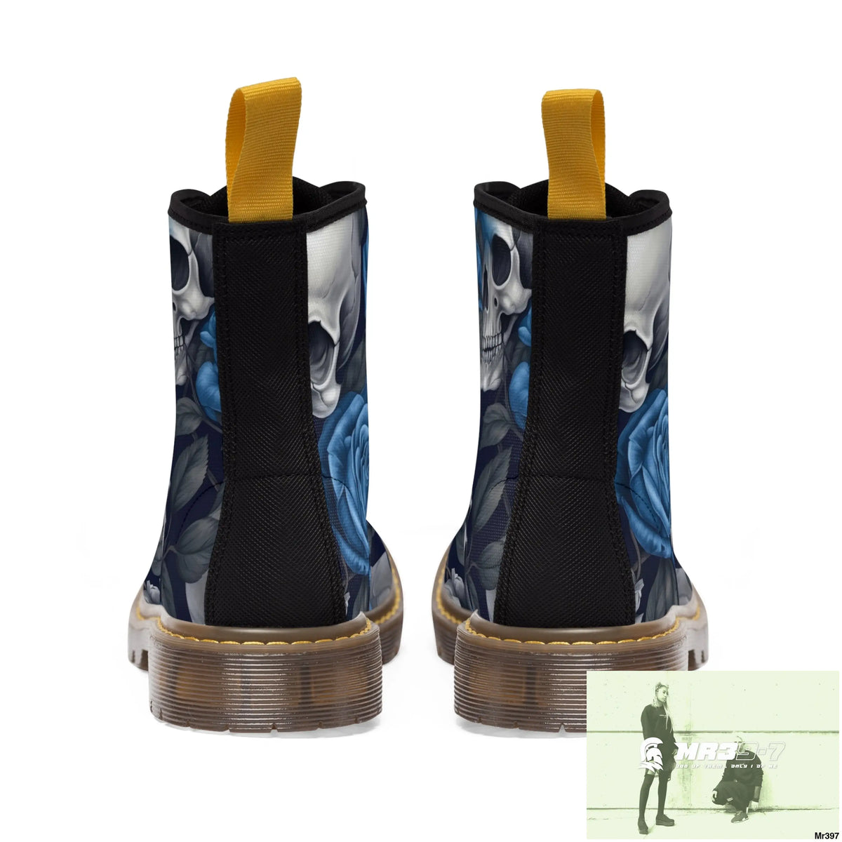 Gothic Skulls and Blue no 2 Roses Women’s Canvas Boots Shoes