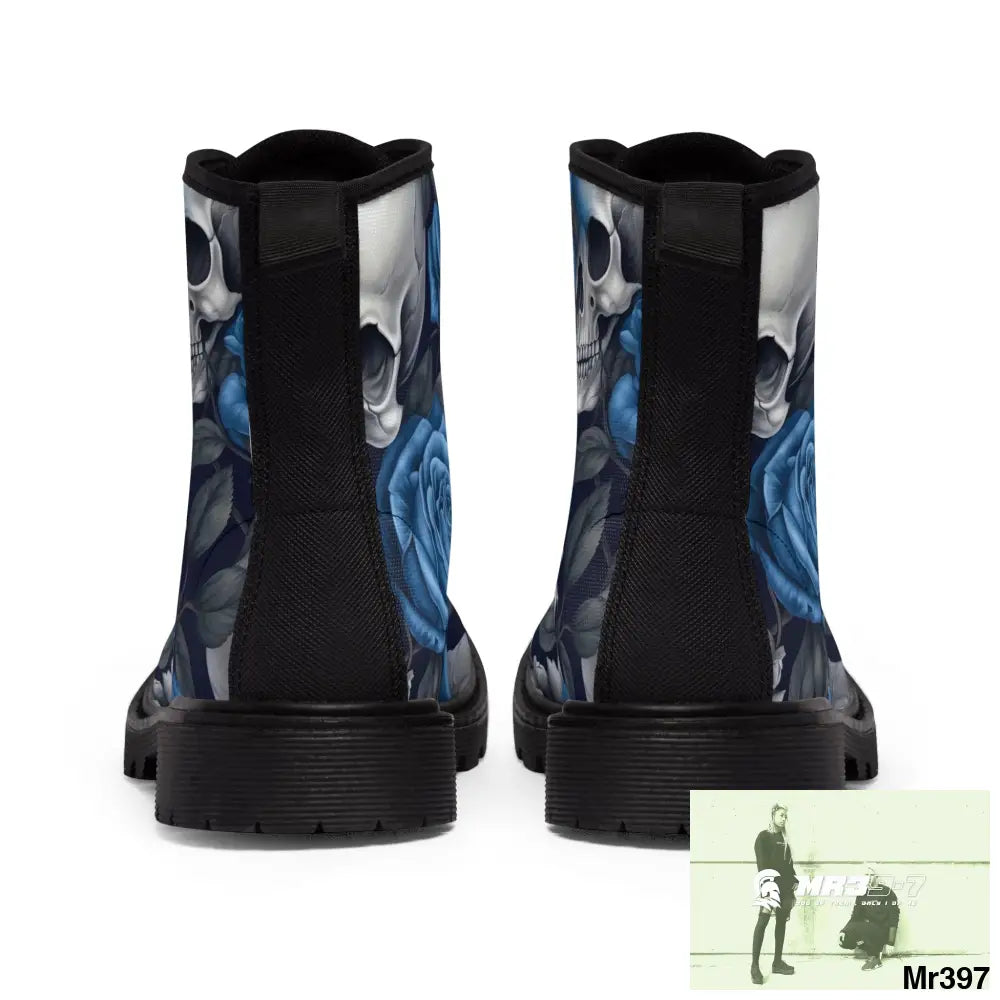 Gothic Skulls and Blue no 2 Roses Women’s Canvas Boots Shoes