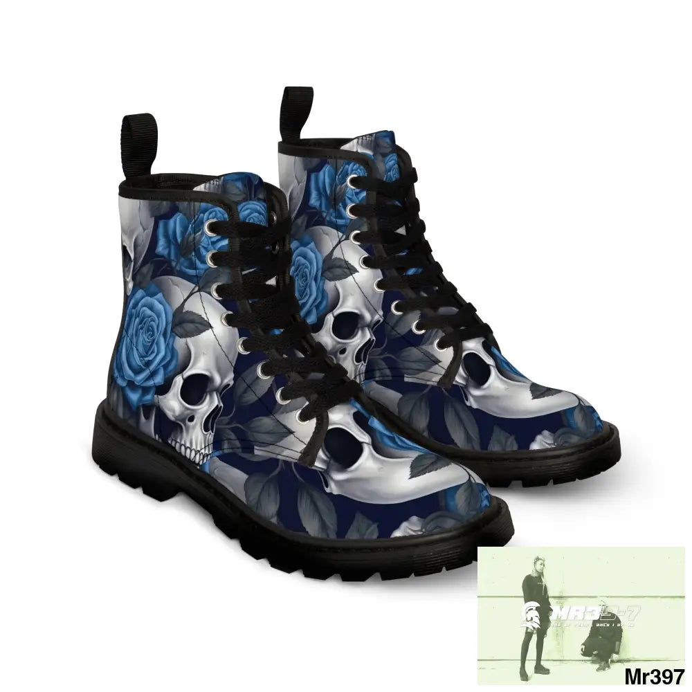 Gothic Skulls and Blue no 2 Roses Women’s Canvas Boots Shoes