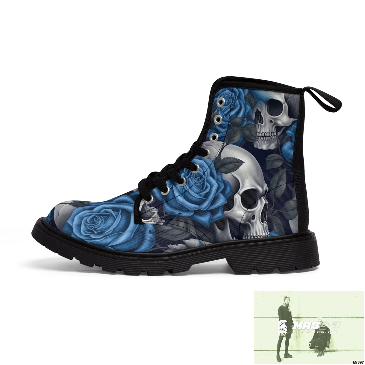 Gothic Skulls and Blue no 2 Roses Women’s Canvas Boots Shoes