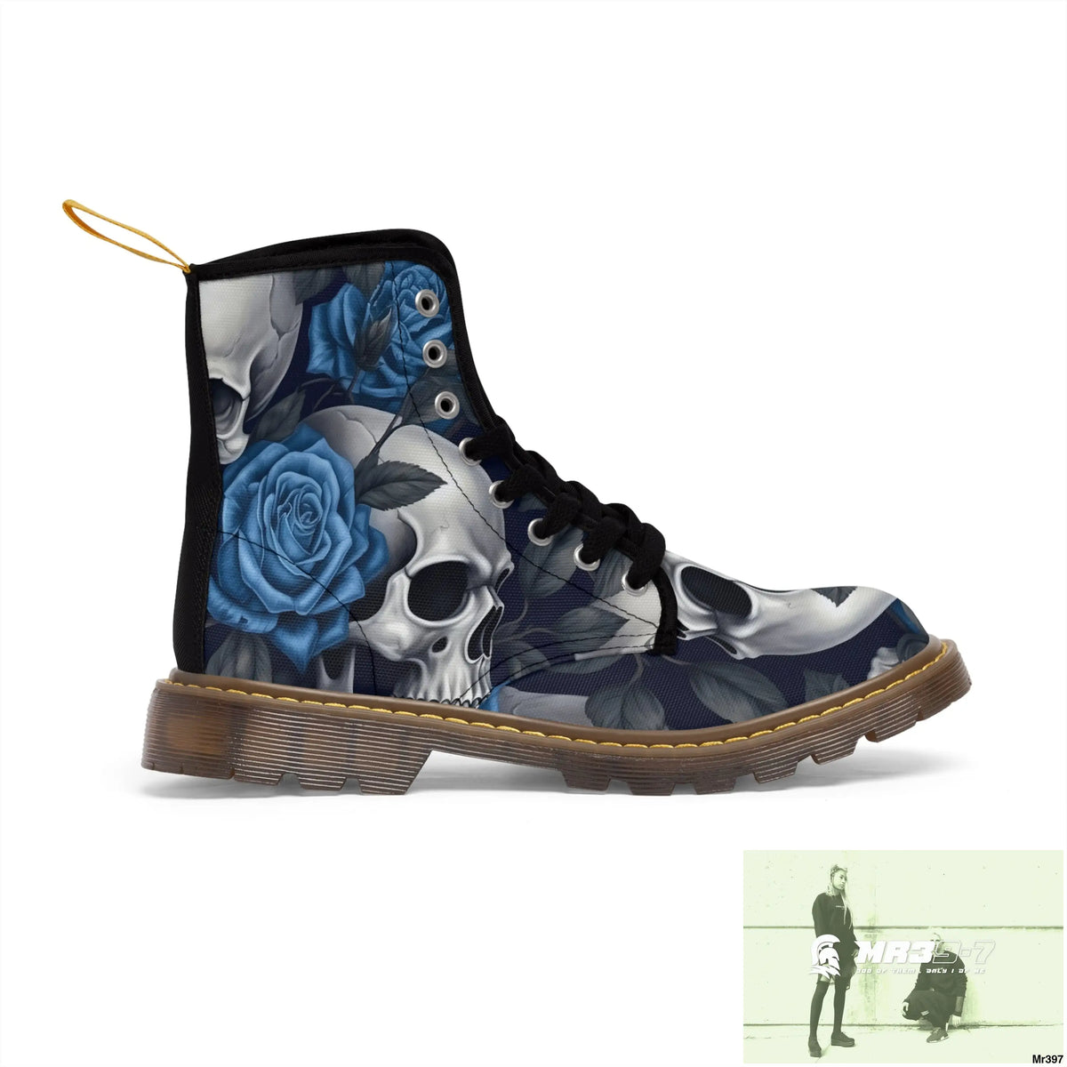Gothic Skulls and Blue no 2 Roses Women’s Canvas Boots Shoes