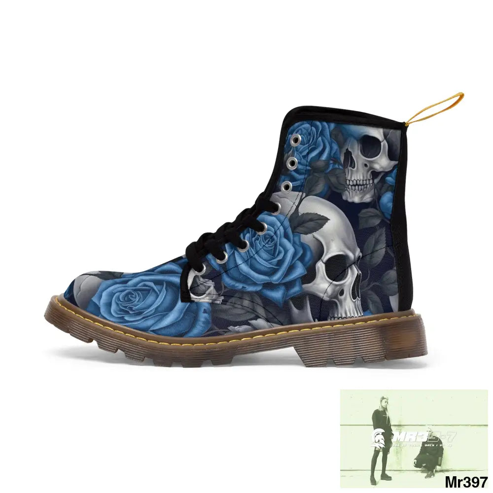 Gothic Skulls and Blue no 2 Roses Women’s Canvas Boots Shoes