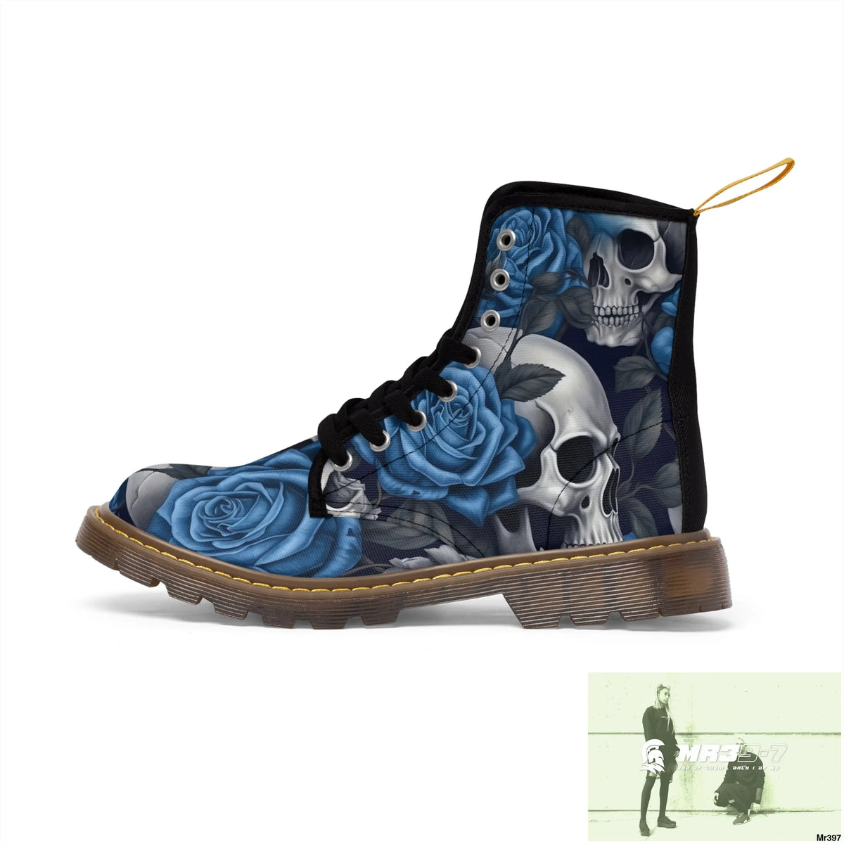 Gothic Skulls and Blue no 2 Roses Women’s Canvas Boots Shoes