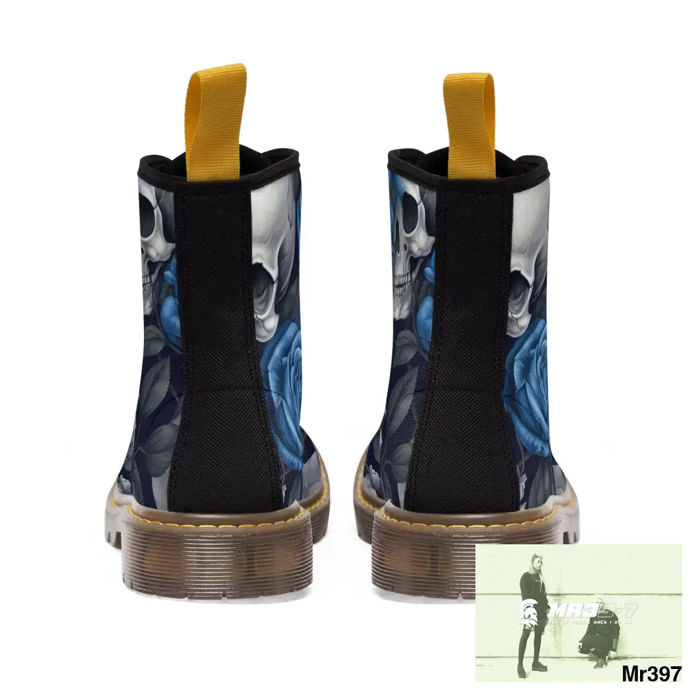 Gothic Skulls and Blue no 2 Roses Women’s Canvas Boots Shoes