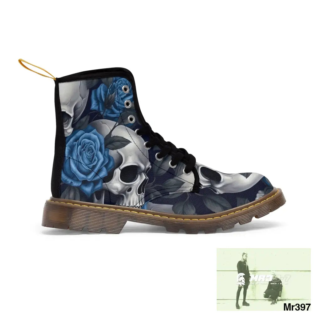 Gothic Skulls and Blue no 2 Roses Women’s Canvas Boots Shoes