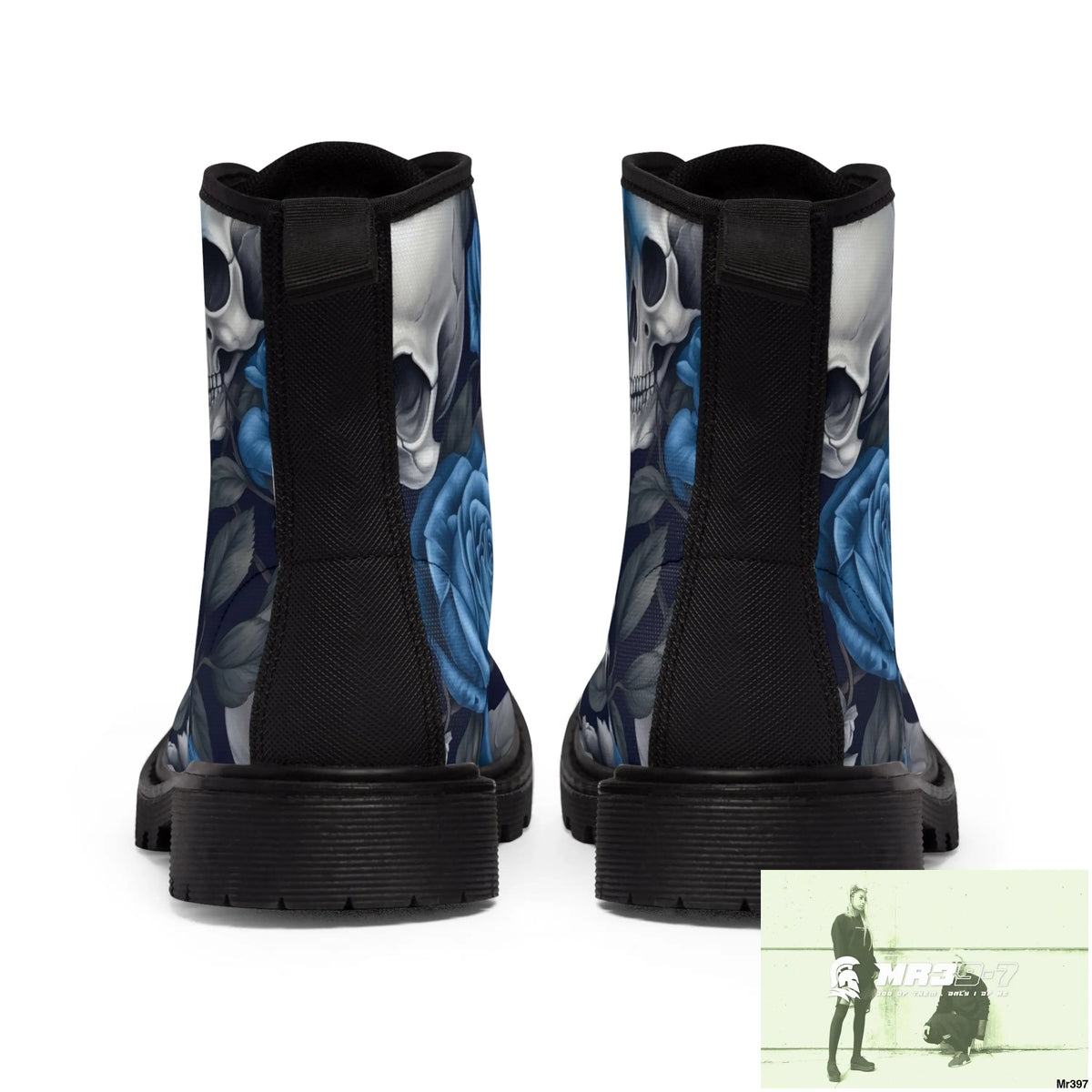 Gothic Skulls and Blue no 2 Roses Women’s Canvas Boots Shoes