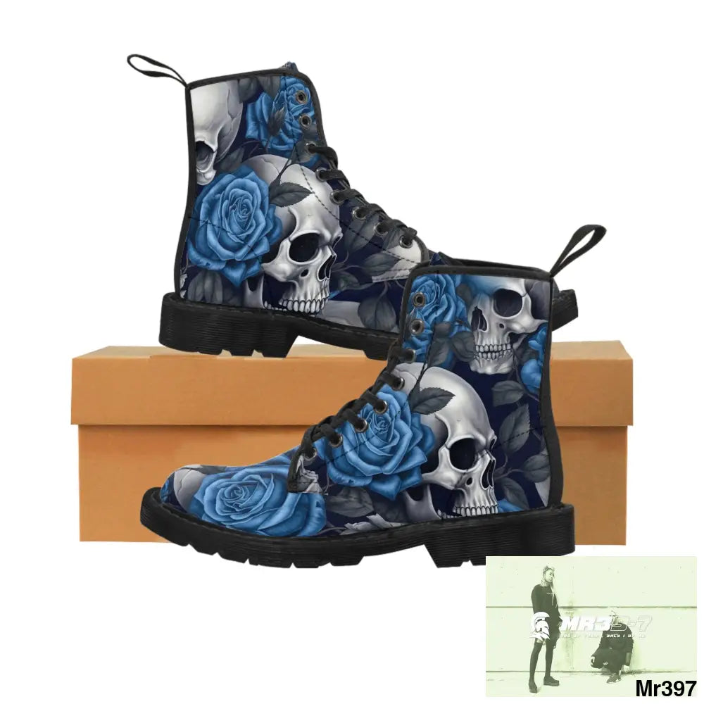 Gothic Skulls and Blue no 2 Roses Women’s Canvas Boots US 6.5 / Black sole Shoes