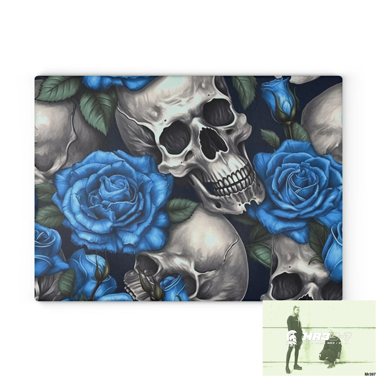 Gothic Skulls and Blue Roses Glass Cutting Board 11’’ x 15’’ / Rectangle Home Decor