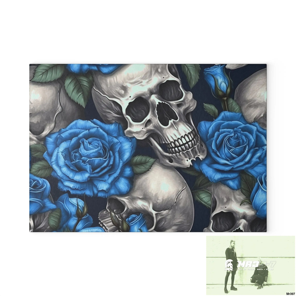 Gothic Skulls and Blue Roses Glass Cutting Board 8’’ x 11’’ / Rectangle Home Decor