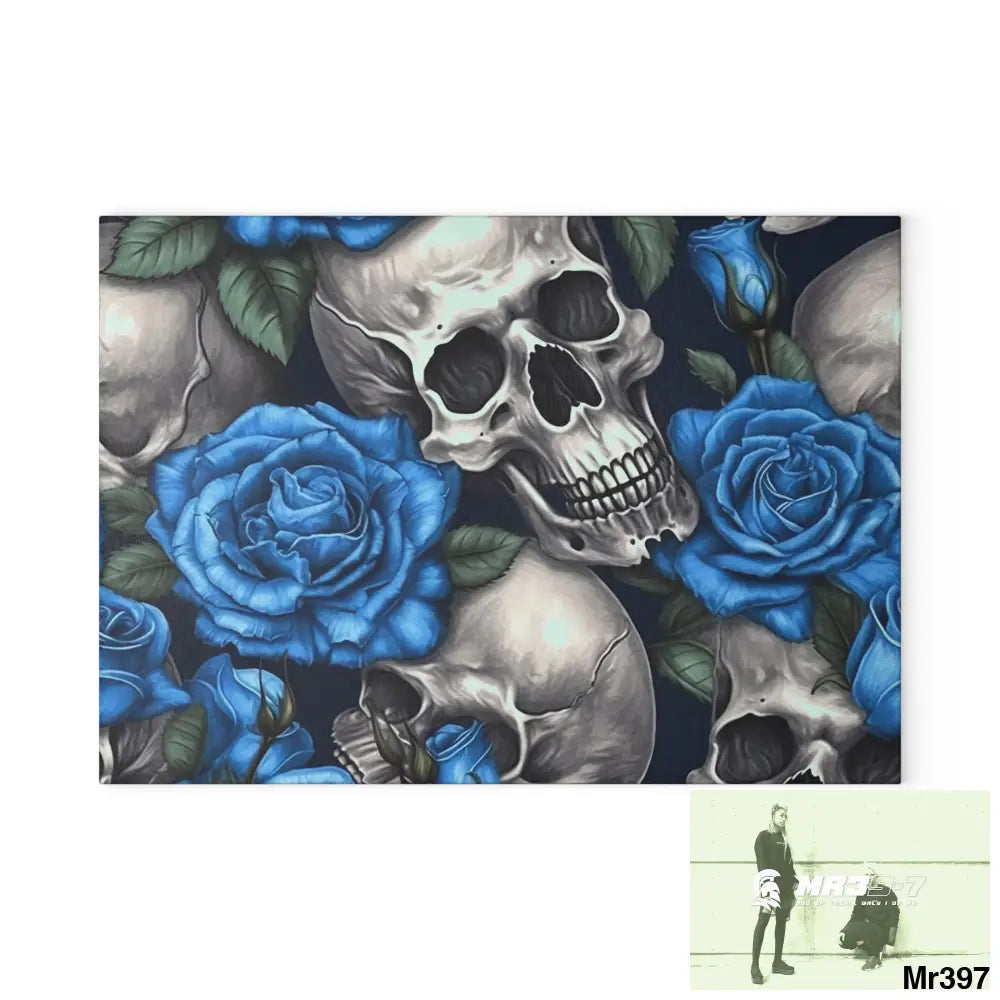 Gothic Skulls and Blue Roses Glass Cutting Board 8’’ x 11’’ / Rectangle Home Decor