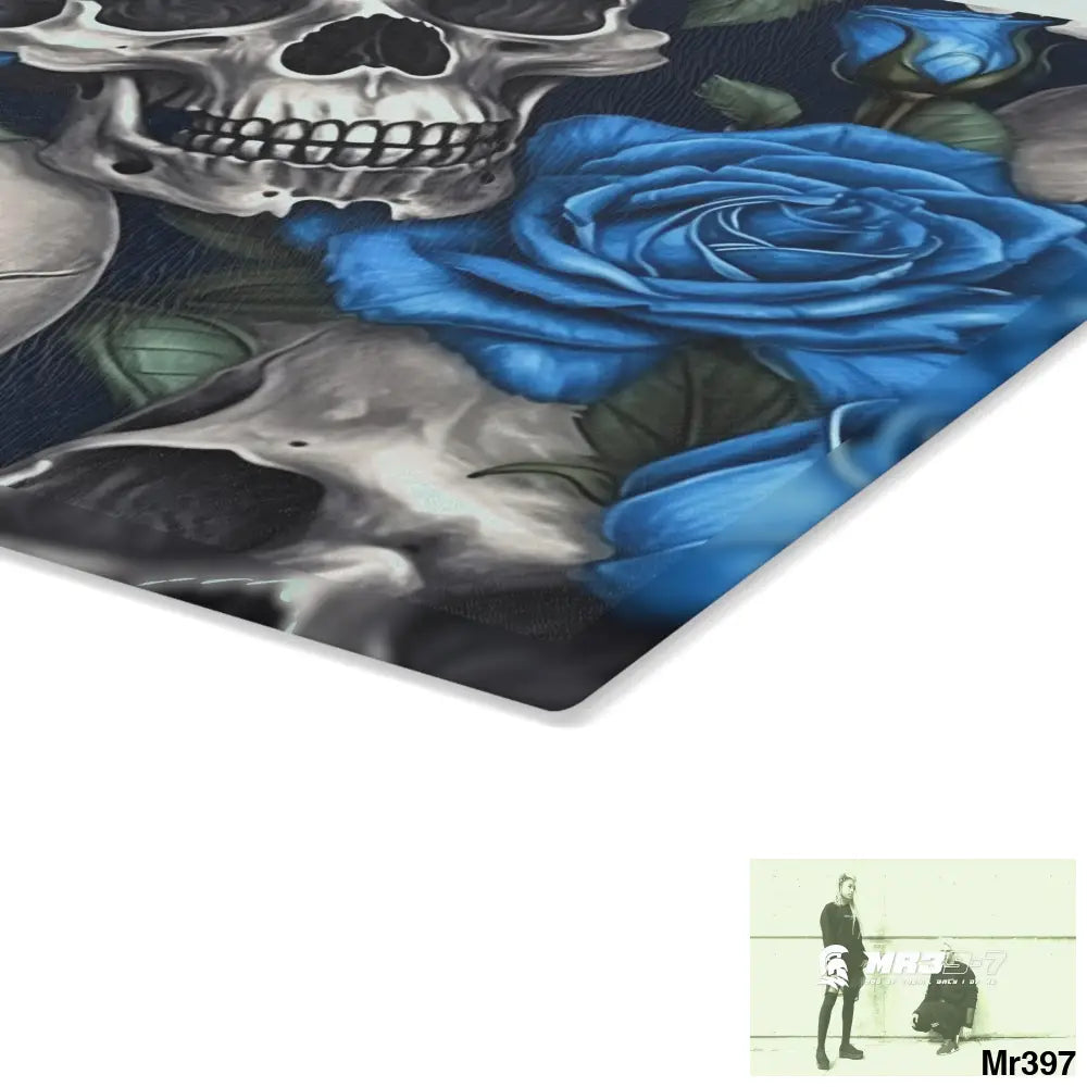 Gothic Skulls and Blue Roses Glass Cutting Board Home Decor