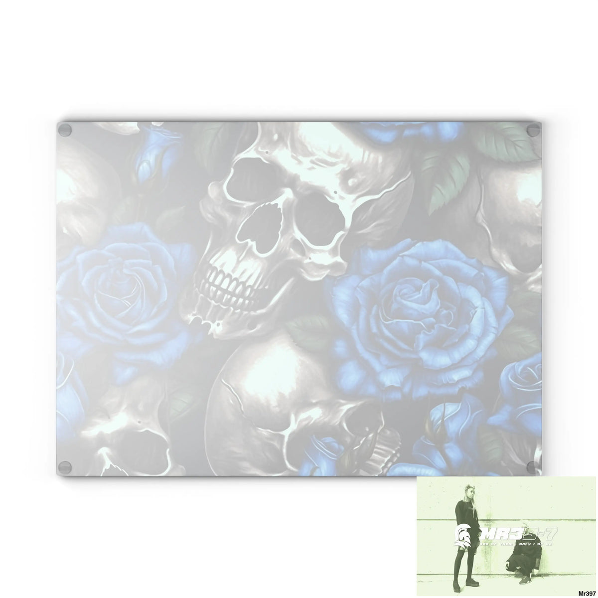 Gothic Skulls and Blue Roses Glass Cutting Board Home Decor