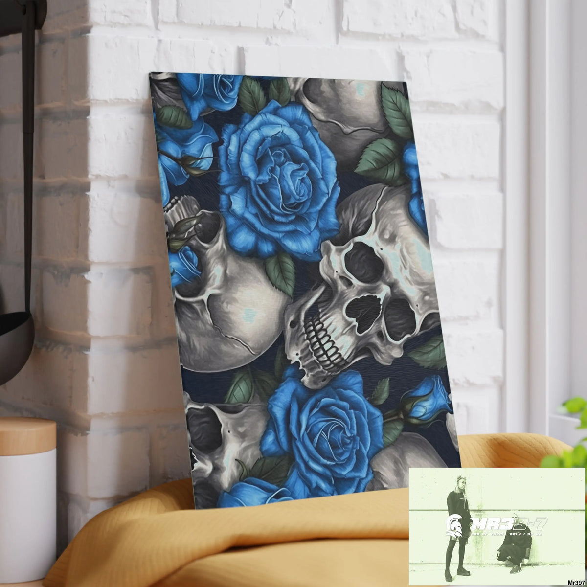 Gothic Skulls and Blue Roses Glass Cutting Board Home Decor