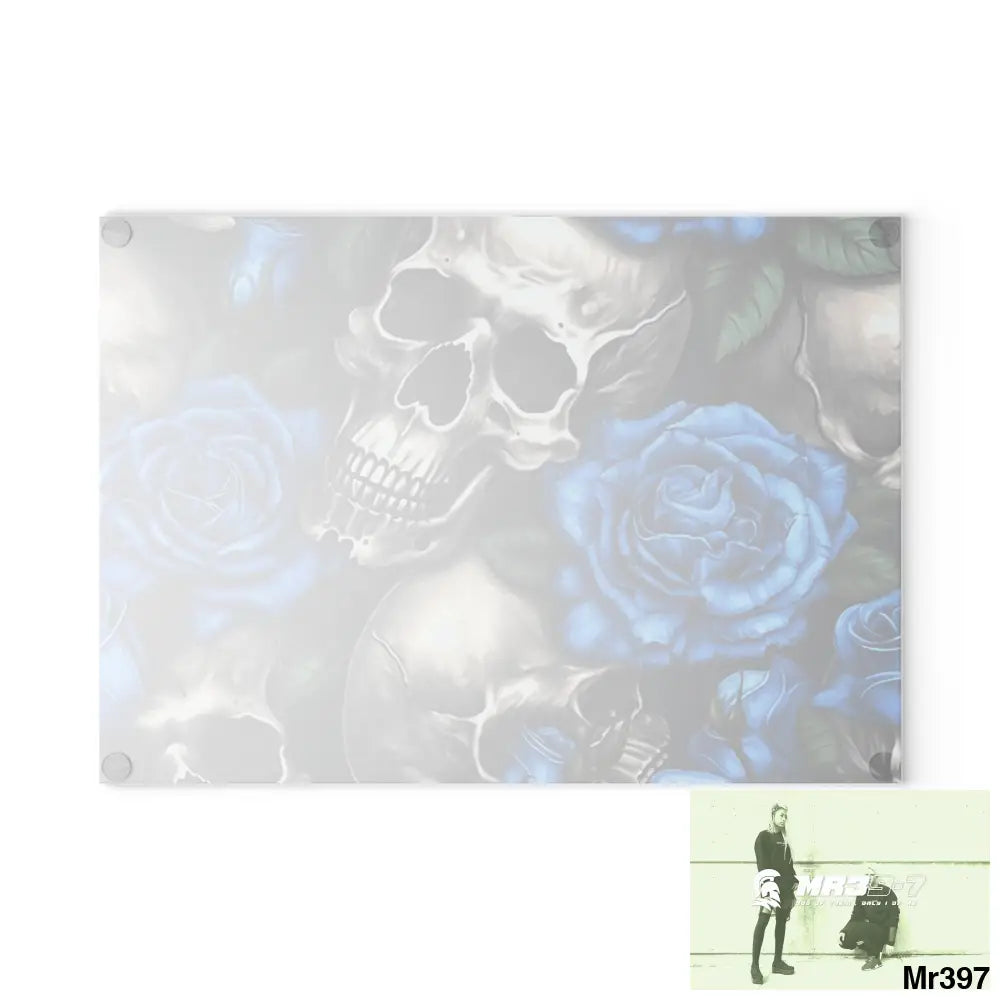 Gothic Skulls and Blue Roses Glass Cutting Board Home Decor