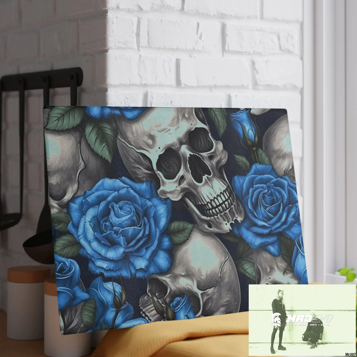 Gothic Skulls and Blue Roses Glass Cutting Board Home Decor