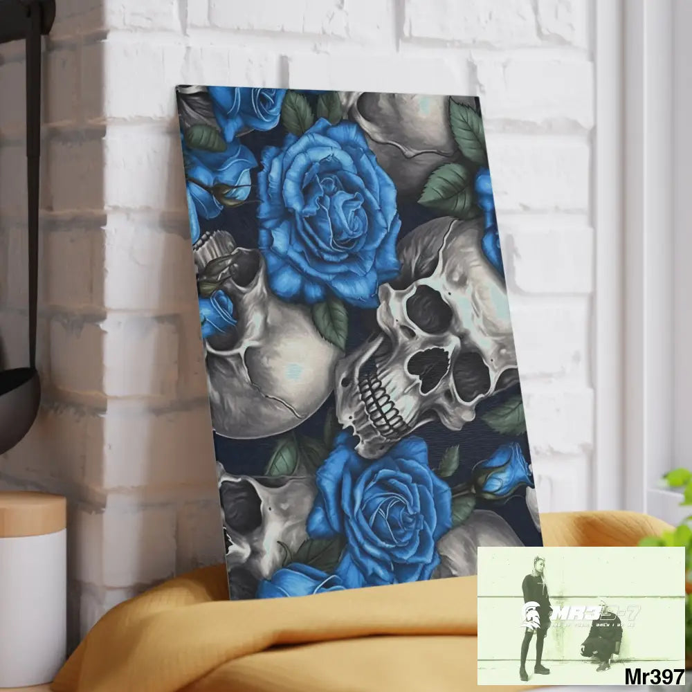 Gothic Skulls and Blue Roses Glass Cutting Board Home Decor