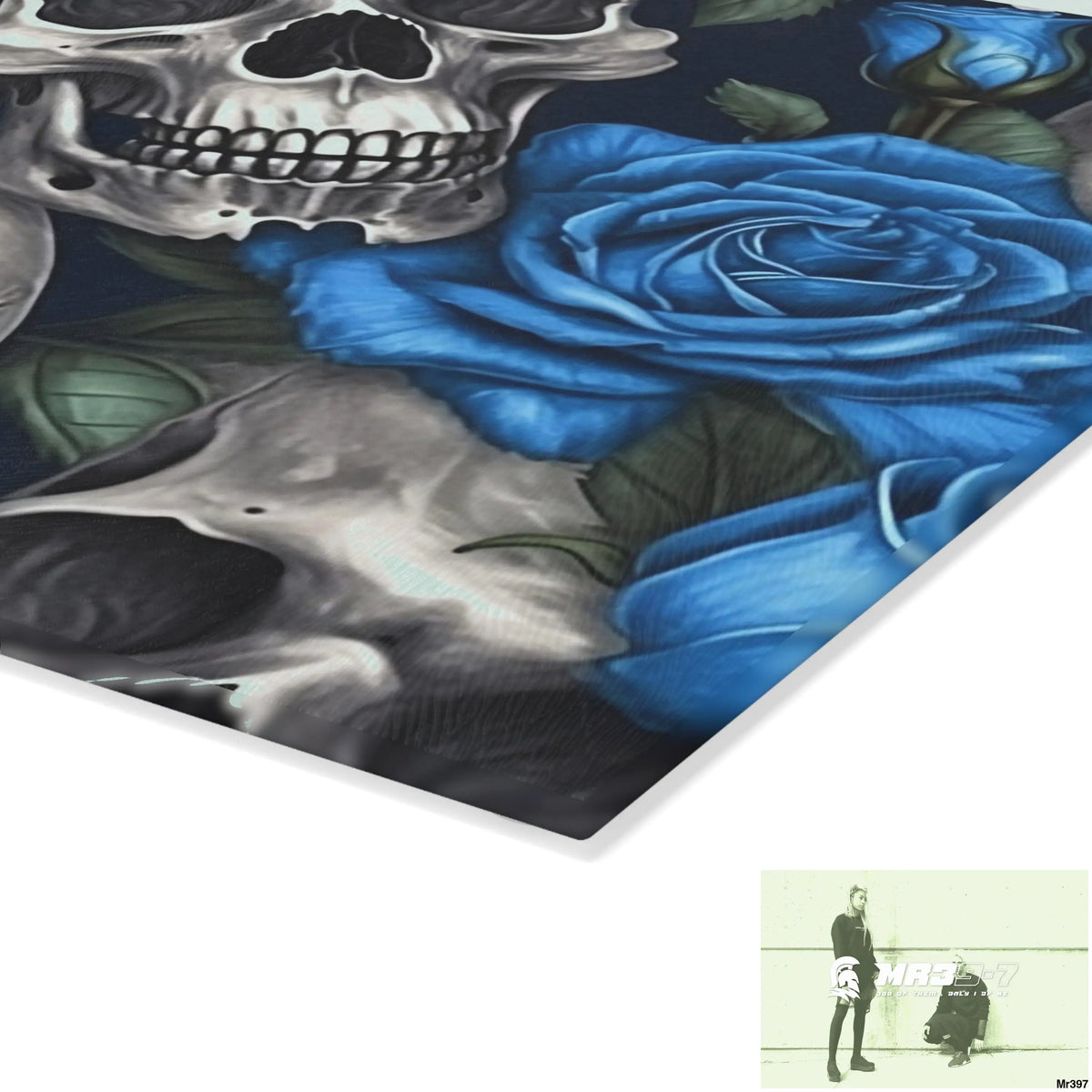 Gothic Skulls and Blue Roses Glass Cutting Board Home Decor