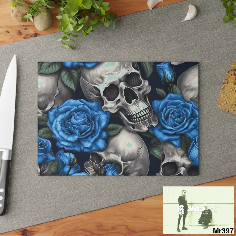 Gothic Skulls and Blue Roses Glass Cutting Board Home Decor