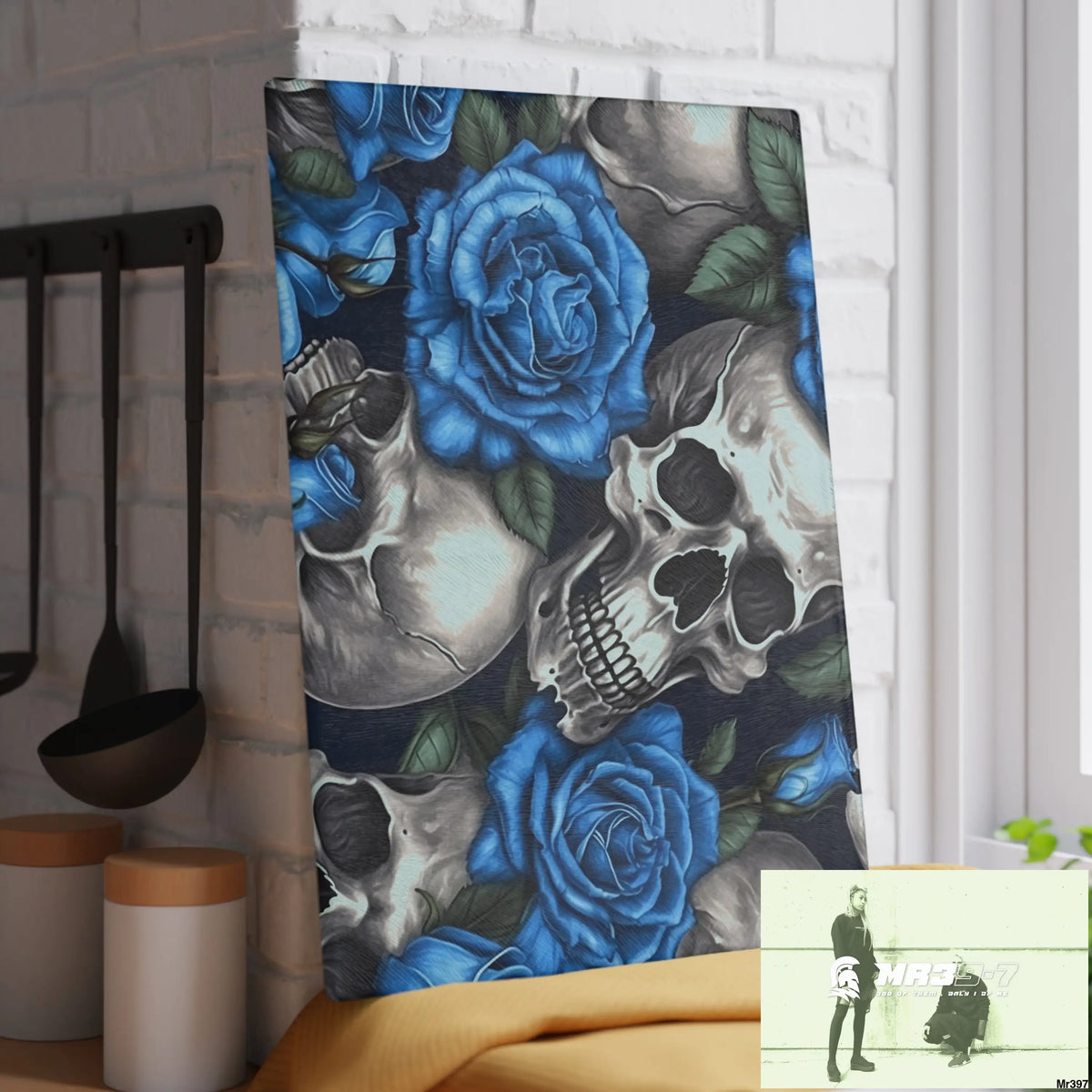 Gothic Skulls and Blue Roses Glass Cutting Board Home Decor