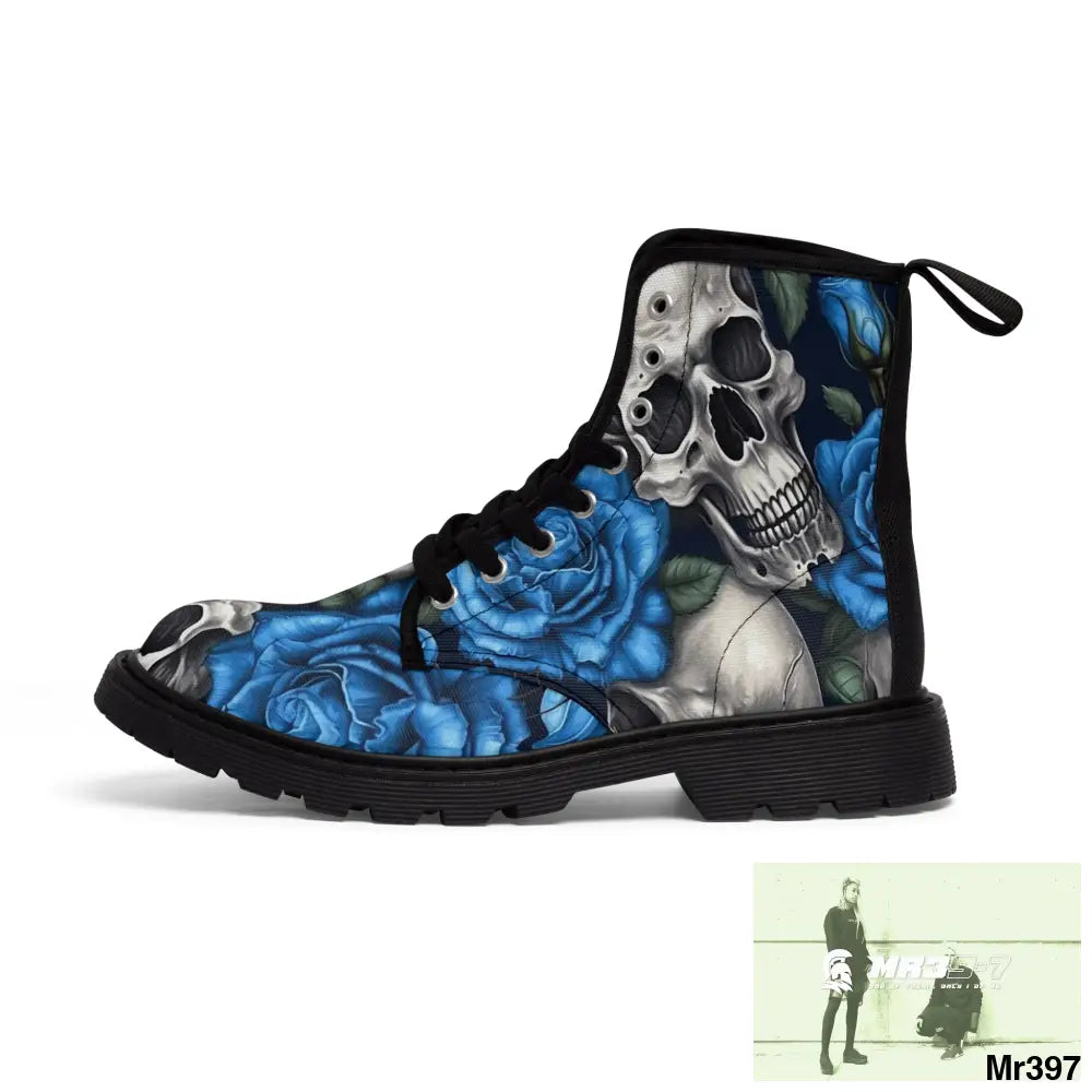 Gothic Skulls and Blue Roses Women’s Canvas Boots Shoes