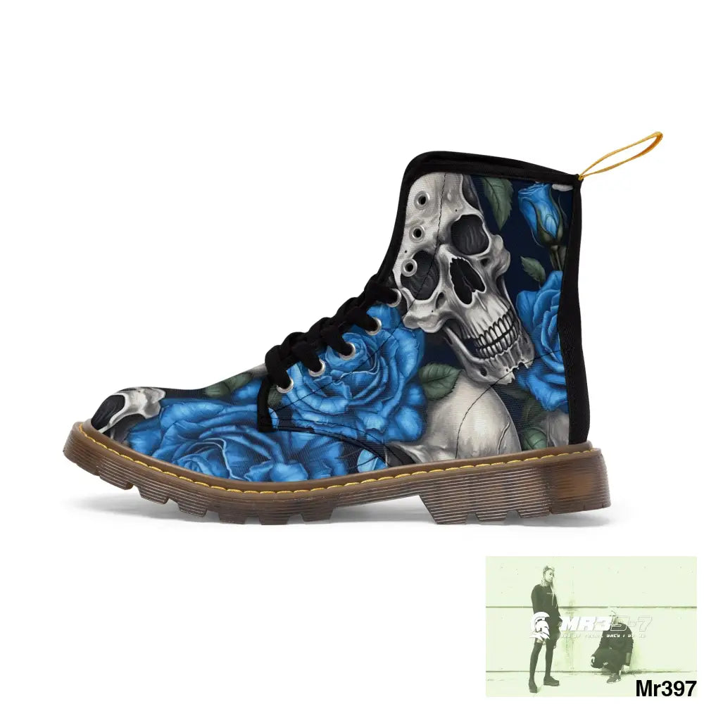 Gothic Skulls and Blue Roses Women’s Canvas Boots Shoes