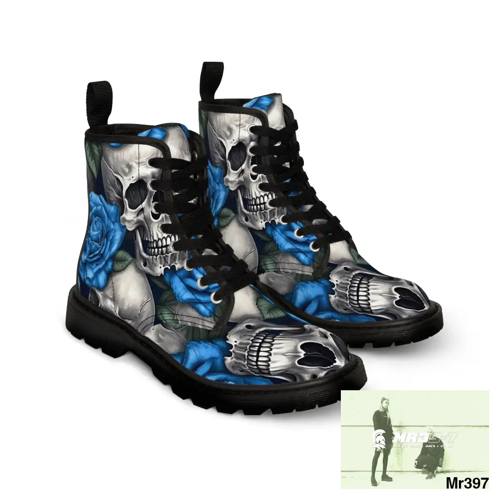 Gothic Skulls and Blue Roses Women’s Canvas Boots Shoes