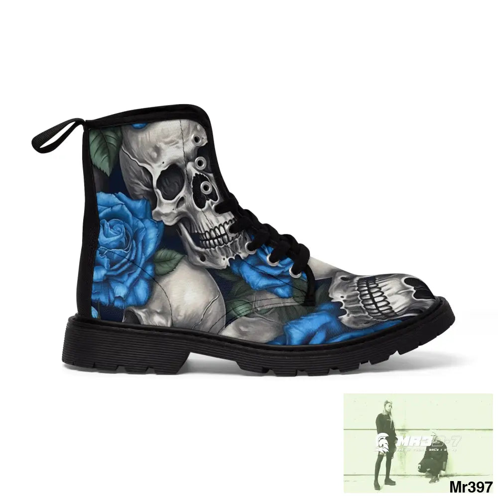 Gothic Skulls and Blue Roses Women’s Canvas Boots Shoes