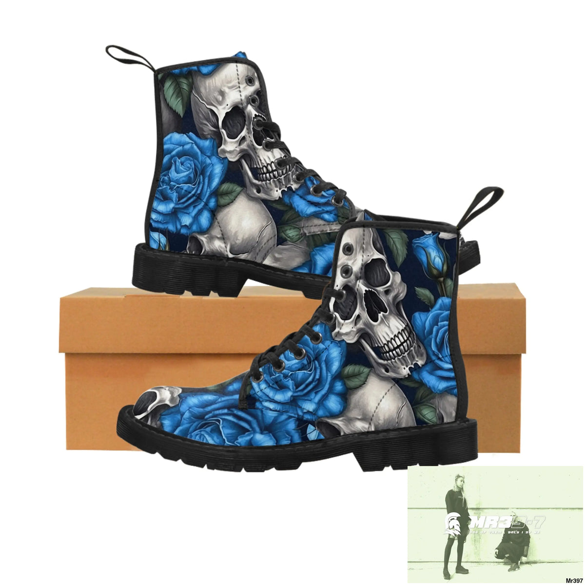 Gothic Skulls and Blue Roses Women’s Canvas Boots US 6.5 / Black sole Shoes