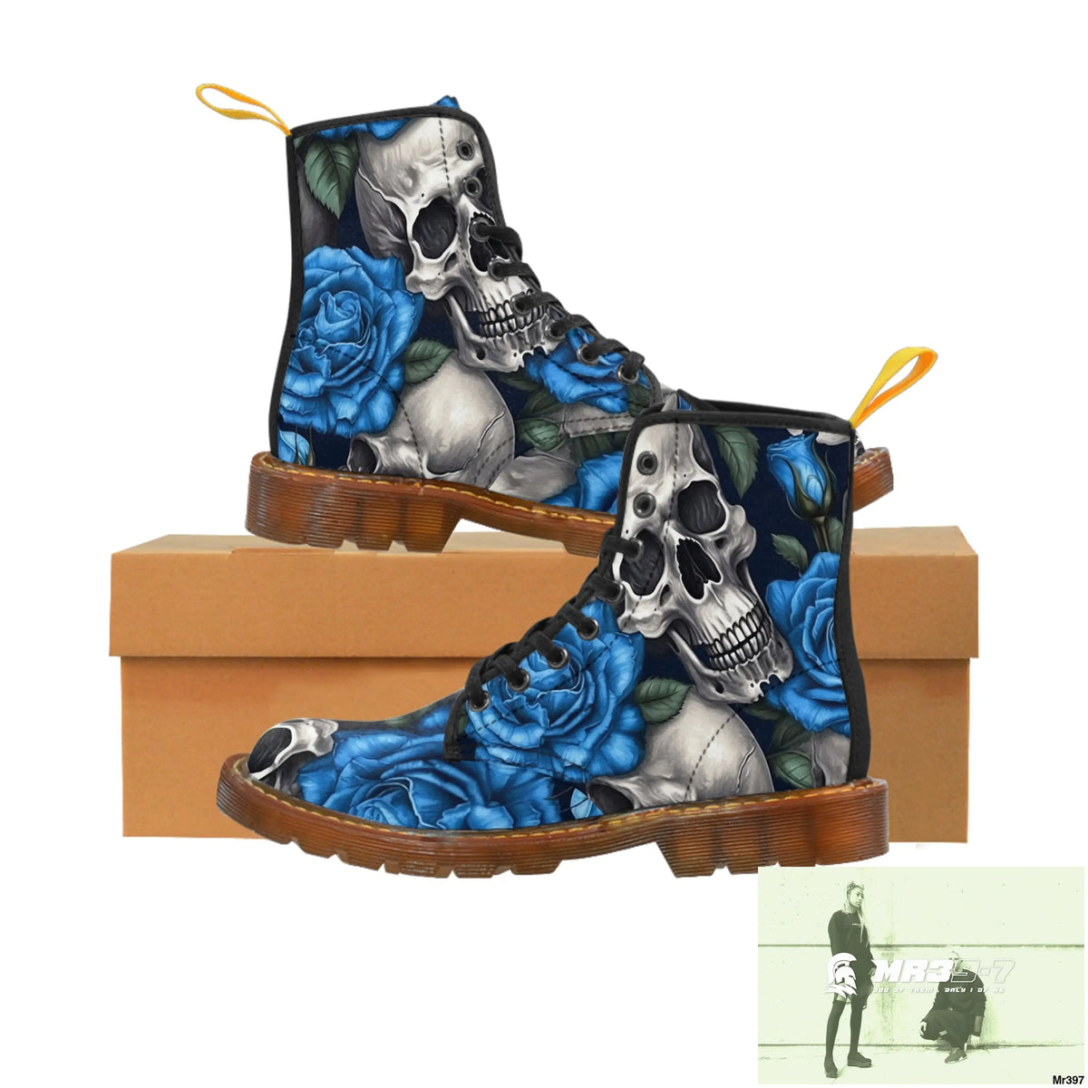 Gothic Skulls and Blue Roses Women’s Canvas Boots US 6.5 / Brown sole Shoes