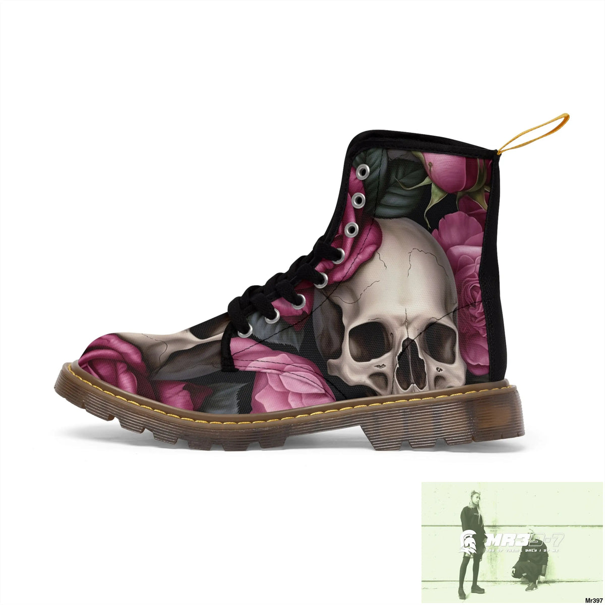 Gothic Skulls and no 2 Pink Roses Women’s Canvas Boots Shoes