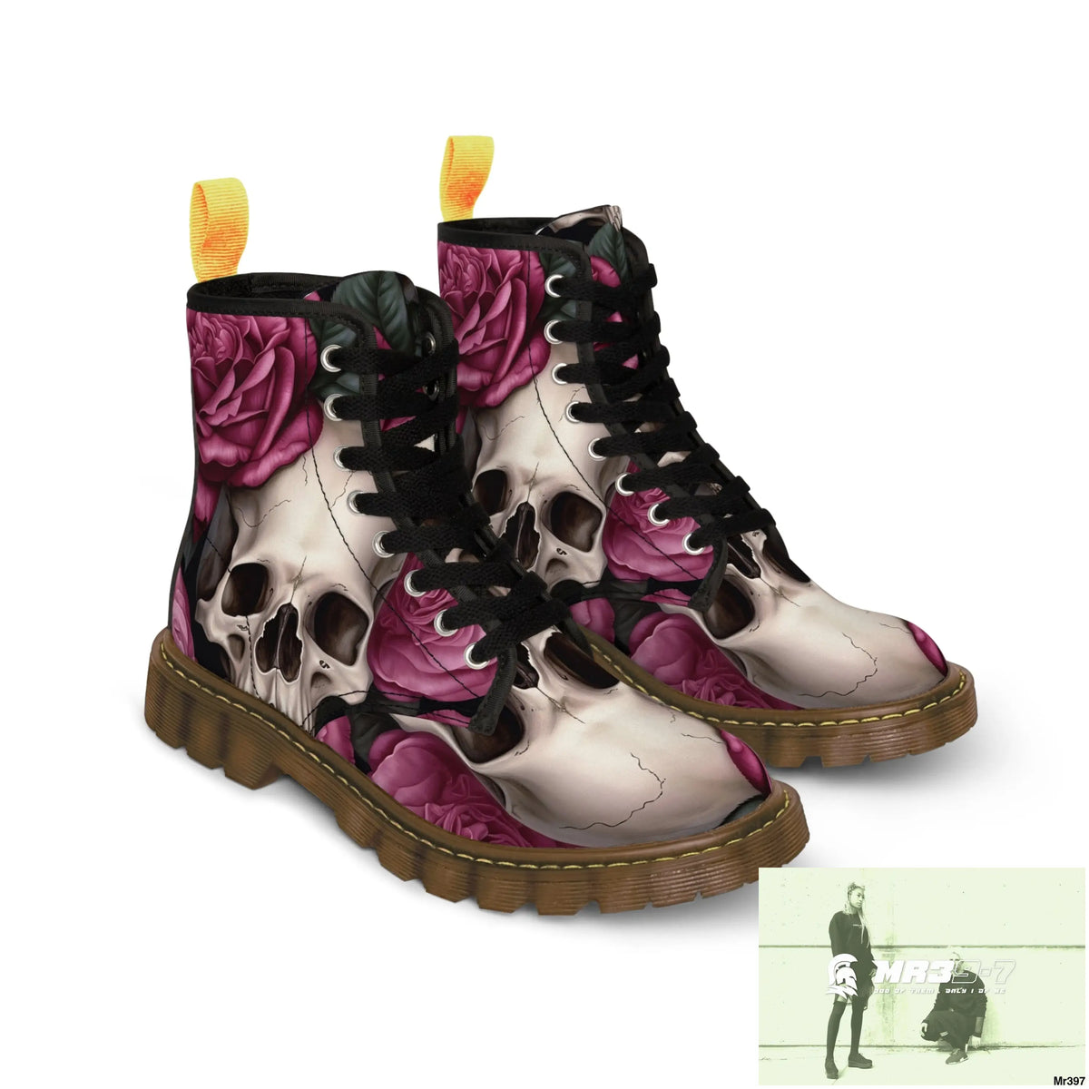 Gothic Skulls and no 2 Pink Roses Women’s Canvas Boots Shoes