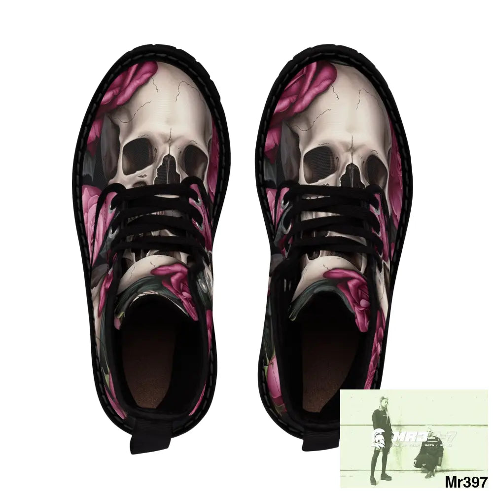 Gothic Skulls and no 2 Pink Roses Women’s Canvas Boots Shoes
